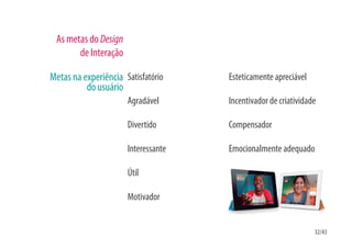 As metas do Design
       de Interação

Metas na experiência Satisfatório    Esteticamente apreciável
          do usuário
                      Agradável      Incentivador de criatividade

                      Divertido      Compensador

                      Interessante   Emocionalmente adequado

                      Útil

                      Motivador


                                                                32/43
 