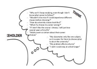 -­‐  “Why	
  can’t	
  I	
  keep	
  studying,	
  even	
  though	
  I	
  don’t	
  
know	
  what	
  career	
  to	
  follow?”	
  
-­‐  “Wouldn’t	
  it	
  be	
  nice	
  if	
  I	
  could	
  experience	
  diﬀerent	
  
classes	
  before	
  choosing?”	
  
-­‐  “How	
  do	
  university	
  classes	
  look	
  like?”	
  
-­‐  “What	
  if	
  a	
  choose	
  my	
  career	
  wrong?”	
  
-­‐  “If	
  I	
  don’t	
  like	
  the	
  course	
  I	
  choose,	
  I	
  will	
  just	
  lose	
  
several	
  years	
  of	
  my	
  life”	
  
-­‐  “Adults	
  seem	
  so	
  certain	
  about	
  their	
  career	
  
choices”	
  
-­‐  “My	
  classmates	
  only	
  like	
  one	
  subject,	
  
so	
  it	
  is	
  easier	
  for	
  them	
  to	
  choose	
  what	
  
to	
  do	
  at	
  the	
  university”	
  
-­‐  “My	
  problem	
  aﬀects	
  only	
  me”	
  
-­‐  “I	
  wish	
  I	
  could	
  stay	
  at	
  school	
  longer”	
  
 
