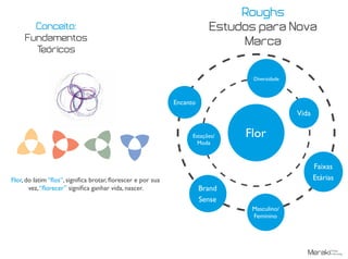 Conceito:
Fundamentos
Teóricos
Flor, do latim “flos”, significa brotar, florescer e por sua
vez,“florecer” significa ganhar vida, nascer.
Roughs
Estudos para Nova
Marca
Brand
Sense
Estações/
Moda
Encanto
Flor
Faixas
Etárias
Diversidade
Vida
Masculino/
Feminino
 