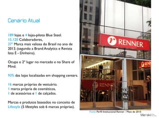 Cenário Atual
189 lojas e 4 lojas-piloto Blue Steel.
15.120 Colaboradores,
37º Marca mais valiosa do Brasil no ano de
2013. (segundo a Brand Analytics e Revista
Isto É - Dinheiro).
Ocupa o 2º lugar no mercado e no Share of
Mind.
93% das lojas localizadas em shopping centers.
16 marcas próprias de vestuário.
1 marca própria de cosméticos,
1 de acessórios e 1 de calçados.
Marcas e produtos baseados no conceito de
Lifestyle (5 lifestyles sob 6 marcas próprias).
Fonte: Perfil Institucional Renner - Maio de 2013
 