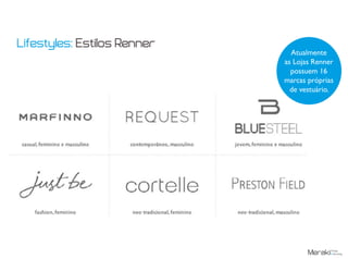 Atualmente
as Lojas Renner
possuem 16
marcas próprias
de vestuário.
Lifestyles: Estilos Renner
 