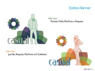 Estilos Renner
Marcas:
Preston Field, Marfinno e Request.
Marcas:
Just Be, Request, Marfinno e A Colletion.
 