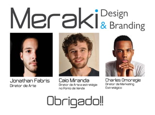 Jonathan Fabris
Diretor de Arte
Caio Miranda
Diretor de Arte e estratégia
no Ponto de Venda
Charles Omoregie
Diretor de Marketing
Estratégico
Obrigado!!
 