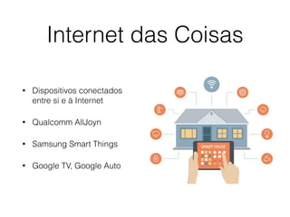 Internet das Coisas 
• Dispositivos conectados 
entre si e à Internet 
• Qualcomm AllJoyn 
• Samsung Smart Things 
• Google TV, Google Auto 
 