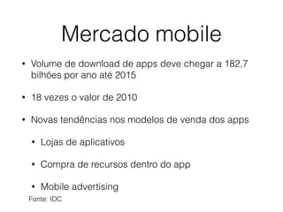 Mercado mobile 
• Volume de download de apps deve chegar a 182,7 
bilhões por ano até 2015 
• 18 vezes o valor de 2010 
• Novas tendências nos modelos de venda dos apps 
• Lojas de aplicativos 
• Compra de recursos dentro do app 
• Mobile advertising 
Fonte: IDC 
 