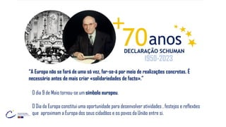 1950-2023
“A Europa não se fará de uma só vez, far-se-á por meio de realizações concretas. É
necessário antes de mais criar «solidariedades de facto».”
O dia 9 de Maio tornou-se um símbolo europeu.
O Dia da Europa constitui uma oportunidade para desenvolver atividades , festejos e reflexões
que aproximam a Europa dos seus cidadãos e os povos da União entre si.
 