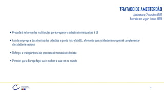 21
Assinatura: 2 outubro 1997
Entrada em vigor: 1 maio 1999
▪ Procede à reforma das instituições para preparar a adesão de mais países à UE
▪ Faz do emprego e dos direitos dos cidadãos o ponto fulcral da UE, afirmando que a cidadania europeia é complementar
da cidadania nacional
▪ Reforça a transparência do processo de tomada de decisão
▪ Permite que a Europa faça ouvir melhor a sua voz no mundo
TRATADO DE AMESTERDÃO
 