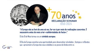 1950-2024
“A Europa não se fará de uma só vez, far-se-á por meio de realizações concretas. É
necessário antes de mais criar «solidariedades de facto».”
O dia 9 de Maio tornou-se um símbolo europeu.
O Dia da Europa constitui uma oportunidade para desenvolver atividades , festejos e reflexões
que aproximam a Europa dos seus cidadãos e os povos da União entre si.
 