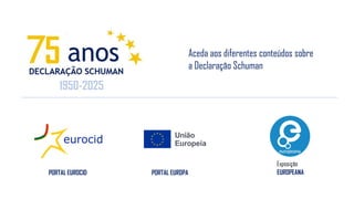 5 Aceda aos diferentes conteúdos sobre
a Declaração Schuman
Início
A imagem pode conter: texto
PORTAL EUROCID PORTAL EUROPA EUROPEANA
Exposição
1950-2025
 