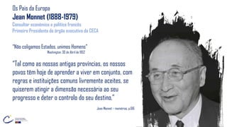 “Não coligamos Estados, unimos Homens”
Washington, 30 de Abril de 1952
Os Pais da Europa
Jean Monnet (1888-1979)
Consultor económico e político francês
Primeiro Presidente do órgão executivo da CECA
“Tal como as nossas antigas províncias, os nossos
povos têm hoje de aprender a viver em conjunto, com
regras e instituições comuns livremente aceites, se
quiserem atingir a dimensão necessária ao seu
progresso e deter o controlo do seu destino.”
Jean Monnet – memórias, p.616
 