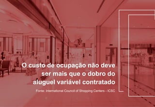 “O custo de ocupação não deve
ser mais que o dobro do
aluguel variável contratado
Fonte: International Council of Shopping Centers - ICSC
 