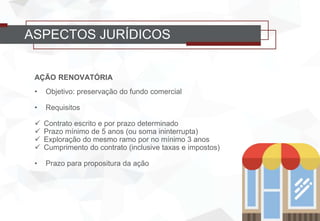 AÇÃO RENOVATÓRIA
• Objetivo: preservação do fundo comercial
• Requisitos
 Contrato escrito e por prazo determinado
 Prazo mínimo de 5 anos (ou soma ininterrupta)
 Exploração do mesmo ramo por no mínimo 3 anos
 Cumprimento do contrato (inclusive taxas e impostos)
• Prazo para propositura da ação
ASPECTOS JURÍDICOS
 