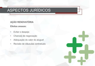 AÇÃO RENOVATÓRIA
Efeitos anexos:
• Evitar o despejo
• Chances de negociação
• Adequação do valor do aluguel
• Revisão de cláusulas contratuais
ASPECTOS JURÍDICOS
 