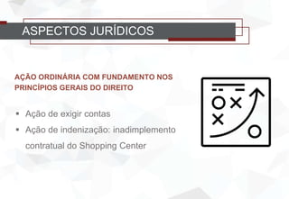 ASPECTOS JURÍDICOS
AÇÃO ORDINÁRIA COM FUNDAMENTO NOS
PRINCÍPIOS GERAIS DO DIREITO
 Ação de exigir contas
 Ação de indenização: inadimplemento
contratual do Shopping Center
 