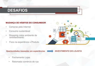 MUDANÇA DE HÁBITOS DO CONSUMIDOR
• Compras pela Internet
• Consumo sustentável
• Shopping como ambiente de
entretenimento
• Foco na experiência x Produto
DESAFIOS
Oportunidades baseadas em experiências INVESTIMENTO DO LOJISTA
• Fechamento Lojas
• Retomada comércio de rua
 