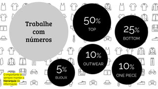 Trabalhe
com
números
TOP
50%
BOTTOM
25%
OUTWEAR
10%
ONE PIECE
10%
BIJOUX
5%
O importante é
sempre manter a
hierarquia da
informação
 