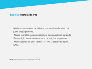 Tablets: estrela da vez




     -Ainda num momento de infância, com muitas disputas por
     quem chega primeiro.
     - Novos formatos, como appbooks e appmagazines surgindo.
     - Transcrição literal – e dolorosa – de edições impressas.
     - Maiores taxas de uso: vendo TV (70%), deitado na cama
     (57%).




Fonte: http://blog.nielsen.com/nielsenwire/?p=27702
 