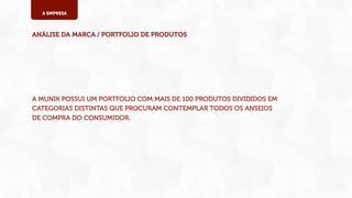 A EMPRESA

ANÁLISE DA MARCA / PORTFOLIO DE PRODUTOS

A MUNIK POSSUI UM PORTFOLIO COM MAIS DE 100 PRODUTOS DIVIDIDOS EM
CATEGORIAS DISTINTAS QUE PROCURAM CONTEMPLAR TODOS OS ANSEIOS
DE COMPRA DO CONSUMIDOR.

 