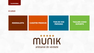 PLATAFORMA

O LOGO

MINIMALISTA

CARÁTER PREMIUM

TOM DE VOZ
PRÓXIMO

TAGLINE COMO
SUPORTE

 