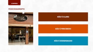 A EMPRESA

POSICIONAMENTO

NÃO É CLARO

NÃO É PERCEBIDO

NÃO É DISSEMINADO

 