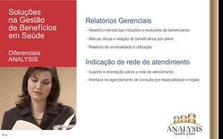 Soluções
na Gestão
de Benefícios
em Saúde
Relatórios Gerenciais
Indicação de rede de atendimento
Diferenciais
ANALYSIS
11/16
Relatório mensal das inclusões e exclusões de beneciários
Marcas óticas e relação de beneciários por plano
Relatório de sinistralidade e utilização
Suporte e orientação sobre a rede de atendimento
Interface no agendamento de consulta por especialidade e região
ANALYSIShealth plan
 