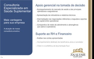 Consultoria
Especializada em
Saúde Suplementar
Apoio gerencial na tomada de decisão
Acompanhamento do mercado de saúde e das principais
operadoras e seguradoras
Apresentação de indicadores e relatórios técnicos
Intermediação nas negociações referentes a reajustes e aportes
de capital entre operadoras
Comparativo de redes de atendimento e abrangência
(por plano e operadora)
Suporte ao RH e Financeiro
Análise nas contas apresentadas
Mais vantagens
para sua empresa
A atuação de nossa
consultoria envolve:
7/16
ANALYSIShealth plan
 