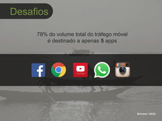 78% do volume total do tráfego móvel
é destinado a apenas 5 apps
(Ericsson– 2014)
Desafios
 