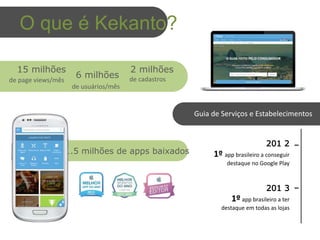 2 milhões
de cadastros6 milhões
de usuários/mês
15 milhões
de page views/mês
1.5 milhões de apps baixados
201 2
1º app brasileiro a conseguir
destaque no Google Play
201 3
1º app brasileiro a ter
destaque em todas as lojas
O que é Kekanto?
Guia de Serviços e Estabelecimentos
 
