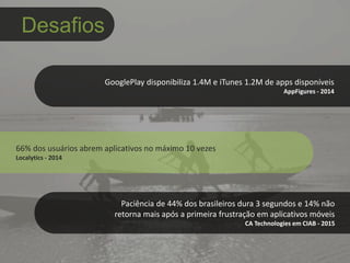 Desafios
GooglePlay disponibiliza 1.4M e iTunes 1.2M de apps disponíveis
AppFigures - 2014
66% dos usuários abrem aplicativos no máximo 10 vezes
Localytics - 2014
Paciência de 44% dos brasileiros dura 3 segundos e 14% não
retorna mais após a primeira frustração em aplicativos móveis
CA Technologies em CIAB - 2015
 