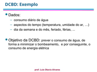 prof. Luis Otavio Alvares
DCBD: Exemplo
 Dados:
– consumo diário de água
– aspectos do tempo (temperatura, umidade do ar, …)
– dia da semana e do mês, feriado, férias, ...
 Objetivo da DCBD: prever o consumo de água, de
forma a minimizar o bombeamento, e por conseguinte, o
consumo de energia elétrica
 