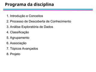 Programa da disciplina
1. Introdução e Conceitos
2. Processo de Descoberta de Conhecimento
3. Análise Exploratória de Dados
4. Classificação
5. Agrupamento
6. Associação
7. Tópicos Avançados
8. Projeto
 