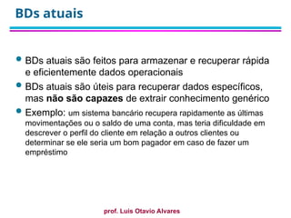 prof. Luis Otavio Alvares
BDs atuais
 BDs atuais são feitos para armazenar e recuperar rápida
e eficientemente dados operacionais
 BDs atuais são úteis para recuperar dados específicos,
mas não são capazes de extrair conhecimento genérico
 Exemplo: um sistema bancário recupera rapidamente as últimas
movimentações ou o saldo de uma conta, mas teria dificuldade em
descrever o perfil do cliente em relação a outros clientes ou
determinar se ele seria um bom pagador em caso de fazer um
empréstimo
 