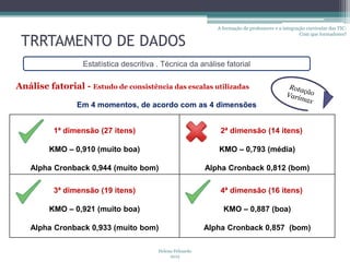 A formação de professores e a integração curricular das TIC:
                                                                                                     Com que formadores?

 TRRTAMENTO DE DADOS
                  Estatística descritiva . Técnica da análise fatorial

Análise fatorial - Estudo de consistência das escalas utilizadas

                Em 4 momentos, de acordo com as 4 dimensões


          1ª dimensão (27 itens)                                2ª dimensão (14 itens)

         KMO – 0,910 (muito boa)                               KMO – 0,793 (média)

   Alpha Cronback 0,944 (muito bom)                         Alpha Cronback 0,812 (bom)

          3ª dimensão (19 itens)                                4ª dimensão (16 itens)

         KMO – 0,921 (muito boa)                                 KMO – 0,887 (boa)

   Alpha Cronback 0,933 (muito bom)                         Alpha Cronback 0,857 (bom)

                                         Helena Felizardo
                                              2012
 