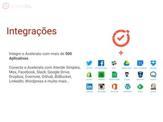 Integre o Acelerato com mais de 500
Aplicativos.
Conecte o Acelerato com Atende Simples,
Mox, Facebook, Slack, Google Drive,
Dropbox, Evernote, Github, BitBucket,
LinkedIn, Wordpress e muito mais...
Integrações
 