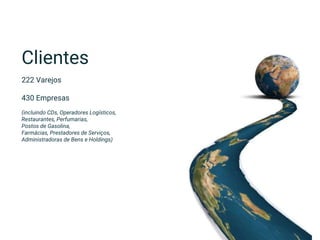 Clientes
222 Varejos
430 Empresas
(incluindo CDs, Operadores Logísticos,
Restaurantes, Perfumarias,
Postos de Gasolina,
Farmácias, Prestadores de Serviços,
Administradoras de Bens e Holdings)
 