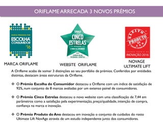 ORIFLAME ARRECADA 3 NOVOS PRÉMIOS
MARCA ORIFLAME WEBSITE ORIFLAME
NOVAGE
ULTIMATE LIFT
A Oriflame acaba de somar 3 distinções ao seu portfólio de prémios. Conferidos por entidades
distintas, destacam áreas estruturais da Oriflame.
 O Prémio Escolha do Consumidor destacou a Oriflame com um índice de satisfação de
92%, num conjunto de 8 marcas avaliadas por um extenso painel de consumidores.
 O Prémio Cinco Estrelas destacou o novo website com uma classificação de 7,44 em
parâmetros como a satisfação pela experimentação, preço/qualidade, intenção de compra,
confiança na marca e inovação.
 O Prémio Produto do Ano destacou em inovação o conjunto de cuidados do rosto
Ultimate Lift NovAge através de um estudo independente junto dos consumidores.
 