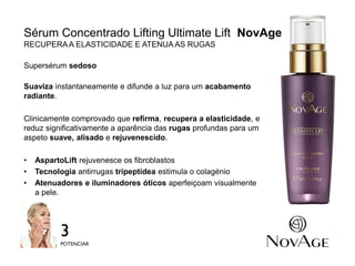 9
Sérum Concentrado Lifting Ultimate Lift NovAge
RECUPERA A ELASTICIDADE E ATENUA AS RUGAS
Supersérum sedoso
Suaviza instantaneamente e difunde a luz para um acabamento
radiante.
Clinicamente comprovado que refirma, recupera a elasticidade, e
reduz significativamente a aparência das rugas profundas para um
aspeto suave, alisado e rejuvenescido.
• AspartoLift rejuvenesce os fibroblastos
• Tecnologia antirrugas tripeptídea estimula o colagénio
• Atenuadores e iluminadores óticos aperfeiçoam visualmente
a pele.
3
POTENCIAR
 