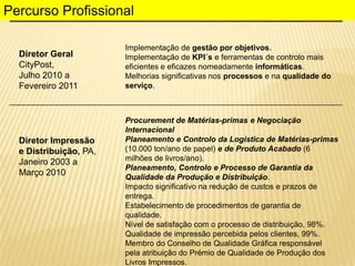Percurso Profissional
Diretor Geral
CityPost,
Julho 2010 a
Fevereiro 2011

Diretor Impressão
e Distribuição, PA,
Janeiro 2003 a
Março 2010

Implementação de gestão por objetivos.
Implementação de KPI´s e ferramentas de controlo mais
eficientes e eficazes nomeadamente informáticas.
Melhorias significativas nos processos e na qualidade do
serviço.

Procurement de Matérias-primas e Negociação
Internacional
Planeamento e Controlo da Logística de Matérias-primas
(10.000 ton/ano de papel) e de Produto Acabado (6
milhões de livros/ano).
Planeamento, Controlo e Processo de Garantia da
Qualidade da Produção e Distribuição.
Impacto significativo na redução de custos e prazos de
entrega.
Estabelecimento de procedimentos de garantia de
qualidade.
Nível de satisfação com o processo de distribuição, 98%.
Qualidade de impressão percebida pelos clientes, 99%.
Membro do Conselho de Qualidade Gráfica responsável
pela atribuição do Prémio de Qualidade de Produção dos
Livros Impressos.

 