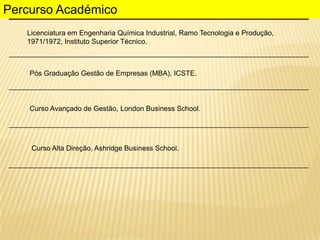 Percurso Académico
Licenciatura em Engenharia Química Industrial, Ramo Tecnologia e Produção,
1971/1972, Instituto Superior Técnico.

Pós Graduação Gestão de Empresas (MBA), ICSTE.

Curso Avançado de Gestão, London Business School.

Curso Alta Direção, Ashridge Business School.

 