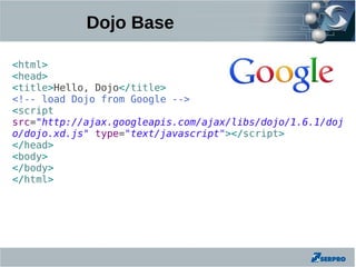 Dojo Base

<html>
<head>
<title>Hello, Dojo</title>
<!-- load Dojo from Google -->
<script
src="http://ajax.googleapis.com/ajax/libs/dojo/1.6.1/doj
o/dojo.xd.js" type="text/javascript"></script>
</head>
<body>
</body>
</html>
 