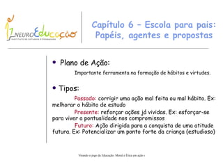 Capítulo 6 – Escola para pais: Papéis, agentes e propostas Plano de Ação : Importante ferramenta na formação de hábitos e virtudes. Tipos : Passado:  corrigir uma ação mal feita ou mal hábito. Ex: melhorar o hábito de estudo Presente:  reforçar ações já vividas. Ex: esforçar-se para viver a pontualidade nos compromissos Futuro:  Ação dirigida para a conquista de uma atitude futura. Ex: Potencializar um ponto forte da criança (estudioso) 