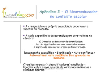 Apêndice 2  – O  Neuroeducador  no contexto escolar A crença sobre a própria capacidade pode levar a sucesso ou fracasso. A cada experiência de aprendizagem construímos no cérebro: a) O modelo de funcionar da aprendizagem b)  Um significado emocional associado a mesma O significado pode ser reforçado ou transformado. Desempenho específico > Significado > Auto-confiança >  Auto-estima: esta seqüência fica gravada na memória. Circuitos neurais (= decodificadores) ampliação = ligações entre zonas neurais de vários aprendizados = sistemas neurais. 