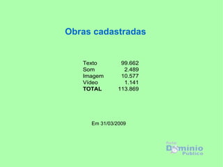 Obras cadastradas


   Texto        99.662
   Som           2.489
   Imagem       10.577
   Vídeo         1.141
   TOTAL       113.869




     Em 31/03/2009
 