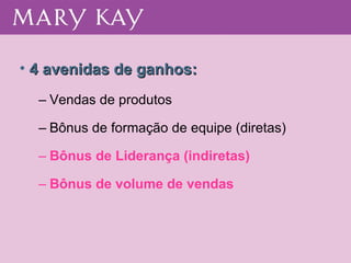 Vendas de produtos Bônus de formação de equipe (diretas) Bônus de Liderança (indiretas) Bônus de volume de vendas 4 avenidas de ganhos: 