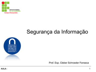 1AULA :
Campus	
  Charqueadas	
  
Segurança da Informação
Prof. Esp. Cleber Schroeder Fonseca
 