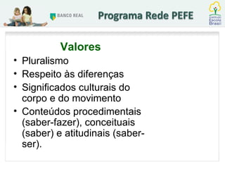 Valores Pluralismo Respeito às diferenças Significados culturais do corpo e do movimento Conteúdos procedimentais (saber-fazer), conceituais (saber) e atitudinais (saber-ser). 