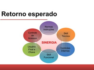 Retorno esperado
                    Normas
                  Instruções
       Controle                  Skill
         de                     Técnico
       Acessos

                  SINERGIA
       Usuário
                               Controles
       Final e
                               Internos
       Chave
                     Skill
                   Funcional
 