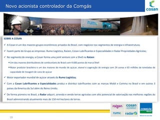 Comgás:acionista controlador da Comgás
Novo uma combinação de competências e princípios




SOBRE A COSAN

 A Cosan é um dos maiores grupos econômicos privados do Brasil, com negócios nos segmentos de energia e infraestrutura;

 Fazem parte do Grupo as empresas: Rumo Logística, Raízen, Cosan Lubrificantes e Especialidades e Radar Propriedades Agrícolas;

 No segmento de energia, a Cosan forma uma joint venture com a Shell na Raízen:

     Um dos maiores distribuidores de combustíveis do Brasil com 4.600 postos da marca Shell
     Maior produtor brasileiro e um dos maiores do mundo de açúcar, etanol e cogeração de energia com 24 usinas e 65 milhões de toneladas de
     capacidade de moagem de cana de açúcar

 Maior exportador mundial de açúcar através da Rumo Logística;

 Com a Cosan Lubrificantes e Especialidades produz e distribui lubrificantes com as marcas Mobil e Comma no Brasil e em outros 3
  países da America do Sul além do Reino Unido;

 De forma pioneira no Brasil, a Radar adquiri, arrenda e vende terras agrícolas com alto potencial de valorização nas melhores regiões do
  Brasil administrando atualmente mais de 150 mil hectares de terras.




     18
 
