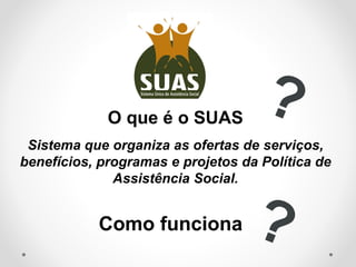 Sistema que organiza as ofertas de serviços,
benefícios, programas e projetos da Política de
Assistência Social.
O que é o SUAS
Como funciona
 
