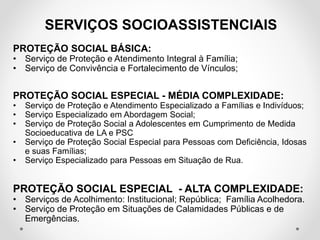 PROTEÇÃO SOCIAL BÁSICA:
• Serviço de Proteção e Atendimento Integral à Família;
• Serviço de Convivência e Fortalecimento de Vínculos;
PROTEÇÃO SOCIAL ESPECIAL - MÉDIA COMPLEXIDADE:
• Serviço de Proteção e Atendimento Especializado a Famílias e Indivíduos;
• Serviço Especializado em Abordagem Social;
• Serviço de Proteção Social a Adolescentes em Cumprimento de Medida
Socioeducativa de LA e PSC
• Serviço de Proteção Social Especial para Pessoas com Deficiência, Idosas
e suas Famílias;
• Serviço Especializado para Pessoas em Situação de Rua.
PROTEÇÃO SOCIAL ESPECIAL - ALTA COMPLEXIDADE:
• Serviços de Acolhimento: Institucional; República; Família Acolhedora.
• Serviço de Proteção em Situações de Calamidades Públicas e de
Emergências.
SERVIÇOS SOCIOASSISTENCIAIS
 